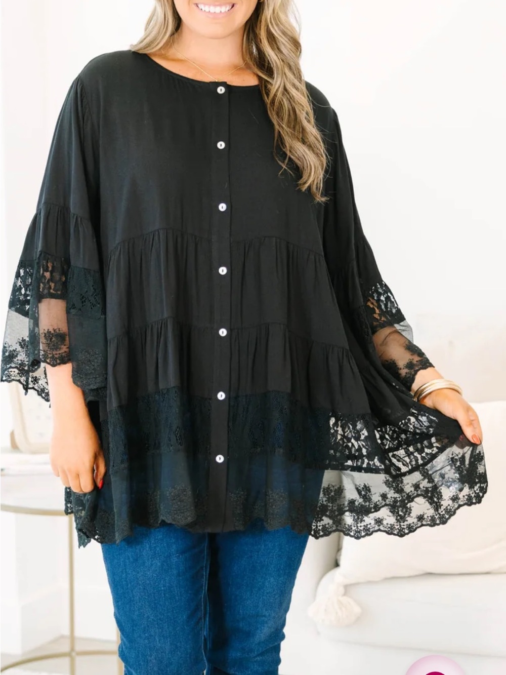 Chic Soul Black Lace-Trim Tiered Button-Front Tunic